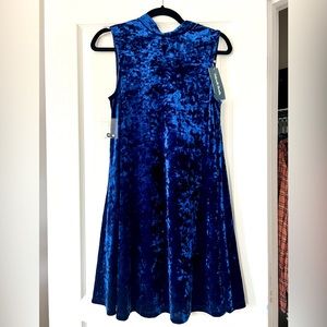 High Neck Blue Crushed Velvet Swing Dress
